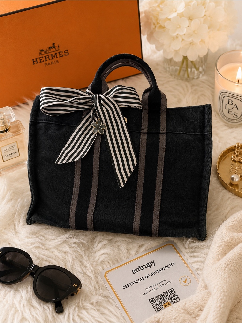 Hermès Paris Black Cotton Canvas Tote Bag PM w/ COA - Picture 2 of 12